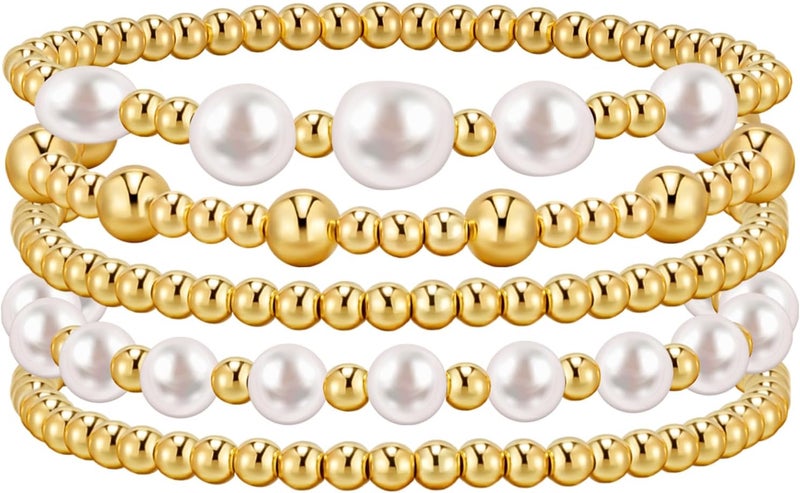 adoyi Gold Bracelets for Women Beaded Bracelet 14K Gold Plated Bracelet Stack Strand Stretch Bead Ball Bracelet Set Stackable Bracelet Adjustable Bracelet Set Jewelry for Gifts - Image 1